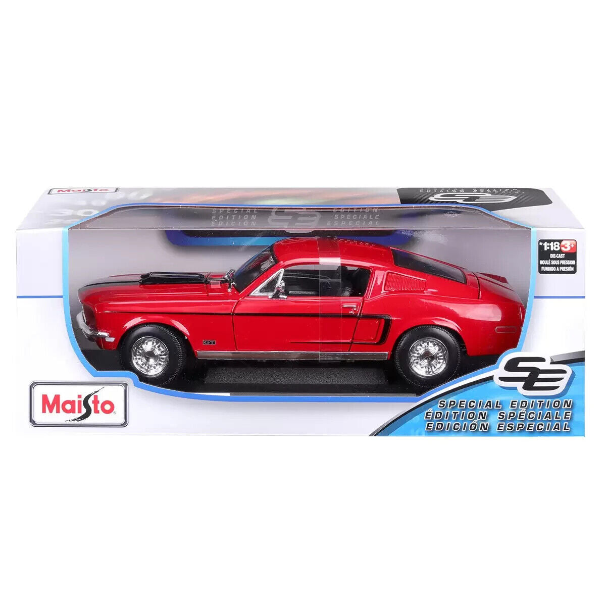 Maisto 1:18 1968 Ford Mustang GT Cobra Jet Red Detailed Die Cast Toy Diecast Car
