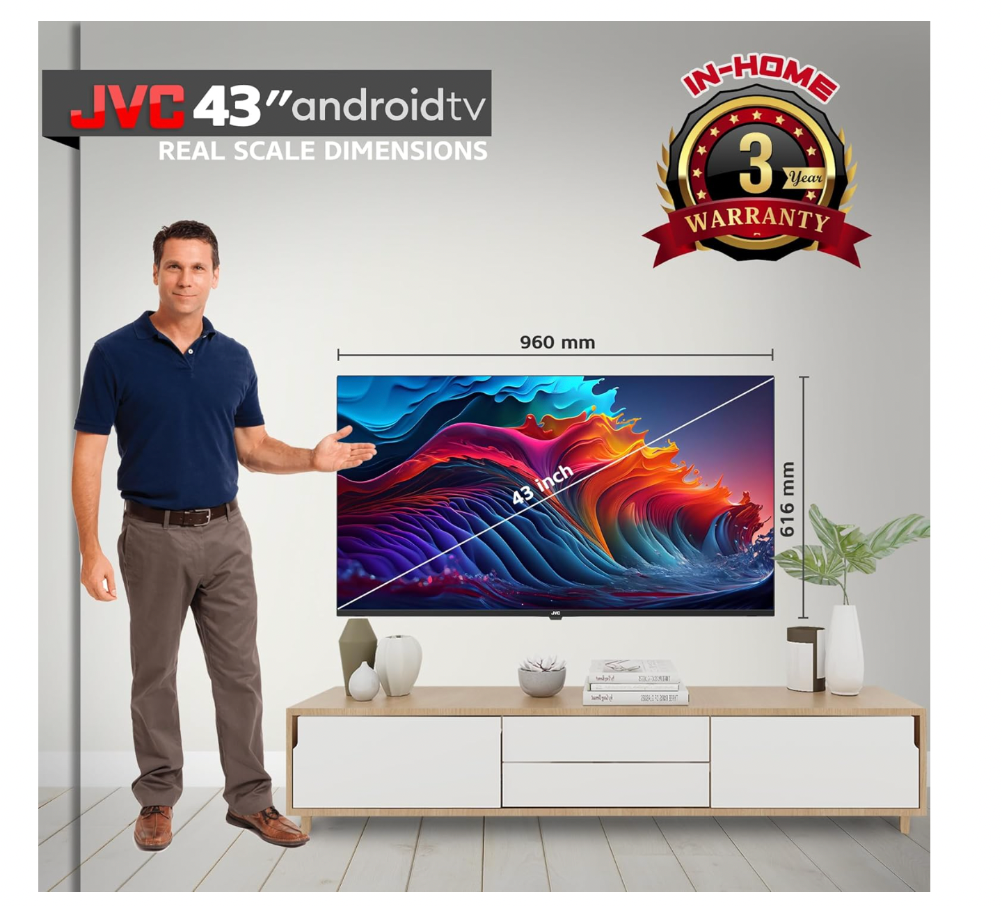 JVC 43 Inch Smart TV, 4K Ultra HD Android TV with Edgeless LED Display, Built-in