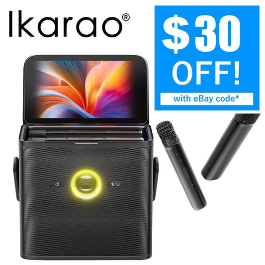 Ikarao Shell S3 Portable 80W Karaoke Speakers 7”  Display 2x Smart Wireless Mic