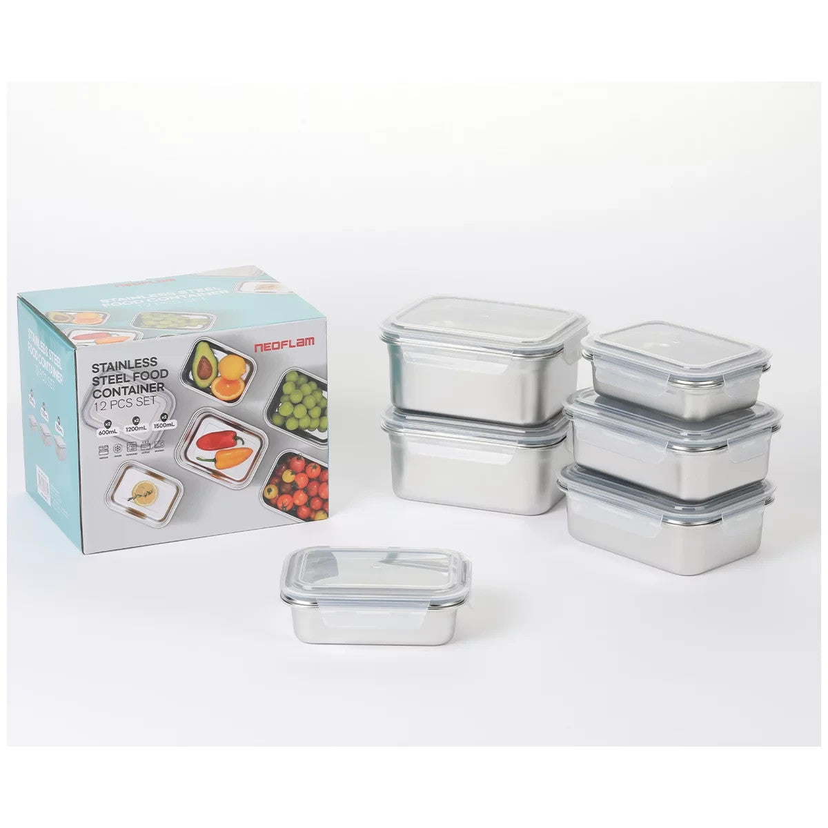 Neoflam Stainless Steel Container Microwavable 12 Pcs Set Stackable Food Storage