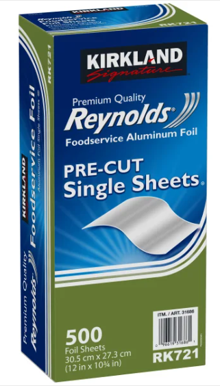 Kirkland Reynolds Foodservice Precut Aluminium 500 Foil Sheets 30.5cmx27.3cm