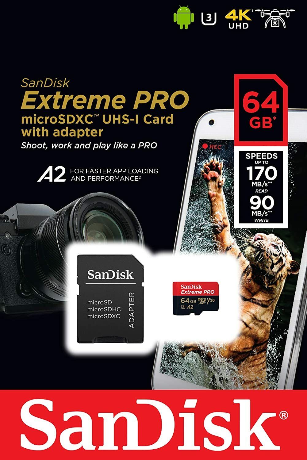 SanDisk Extreme Pro Micro SD 32GB 64GB 128GB 256GB SD Card 4K UHD A1 A2 U3 V30