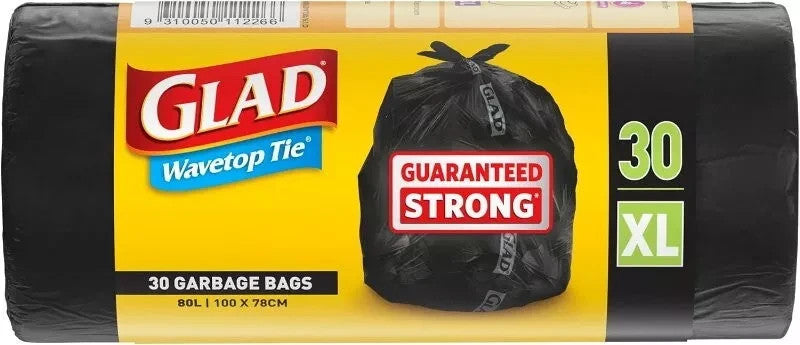 30x Glad XL 80L Extra Large Wavetop Tie Garbage Bags Leak Proof Base 78 x 100cm