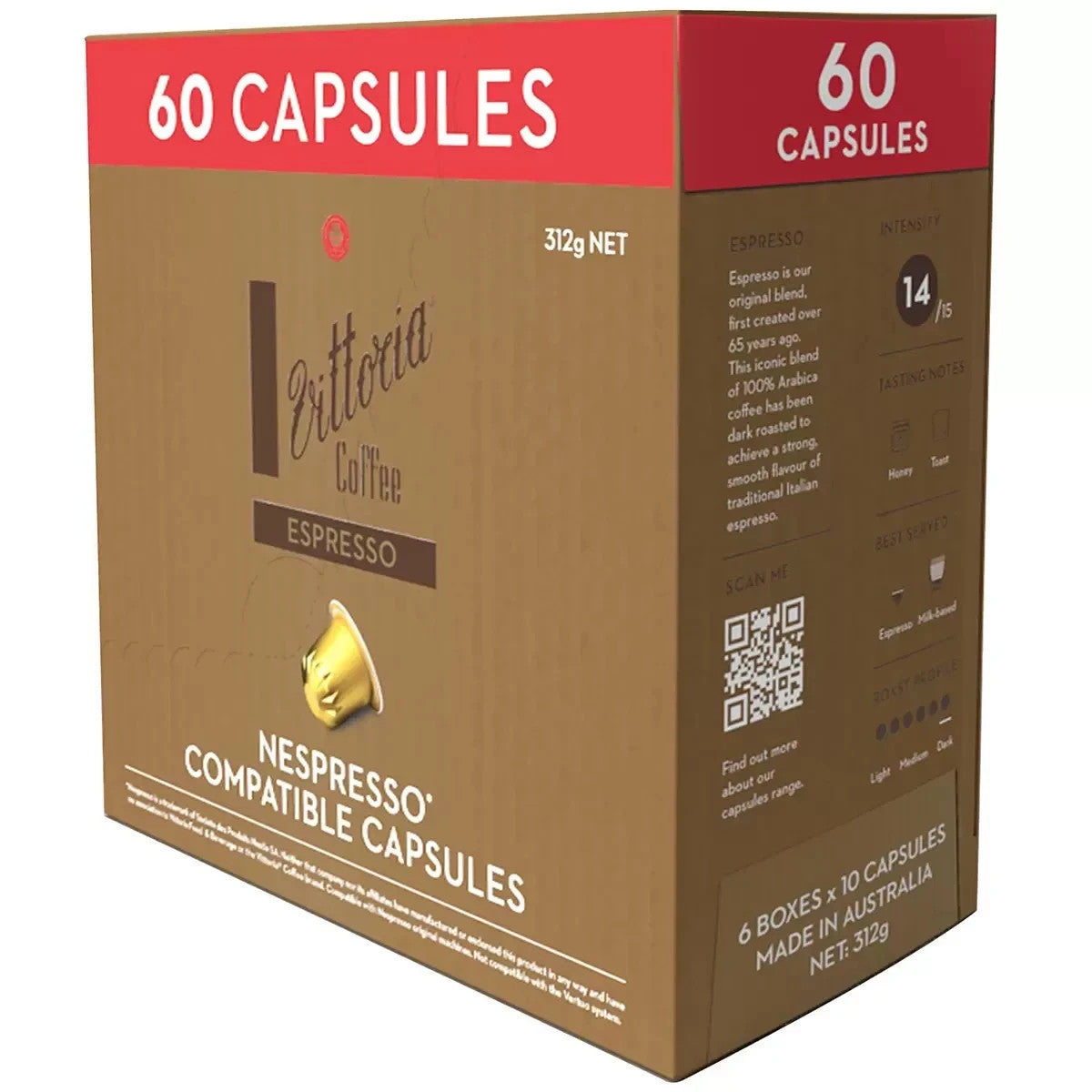 Vittoria Coffee 60-Pack Espresso Coffee Pods Nespresso Compatible Capsules 312g