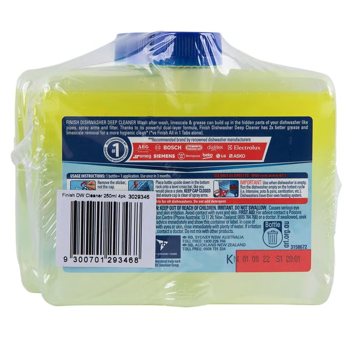 4x Finish Dishwasher Machine Cleaner Grease Limescale Remover Lemon 250mL