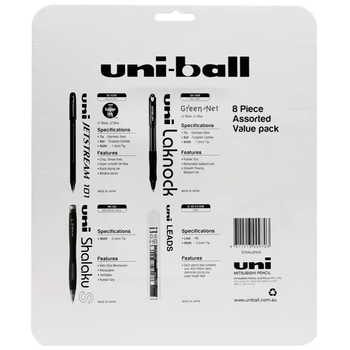 Uni-ball 8 Piece School Value Pack Pen Pencil Jetstream Shalaku S Laknock Leads