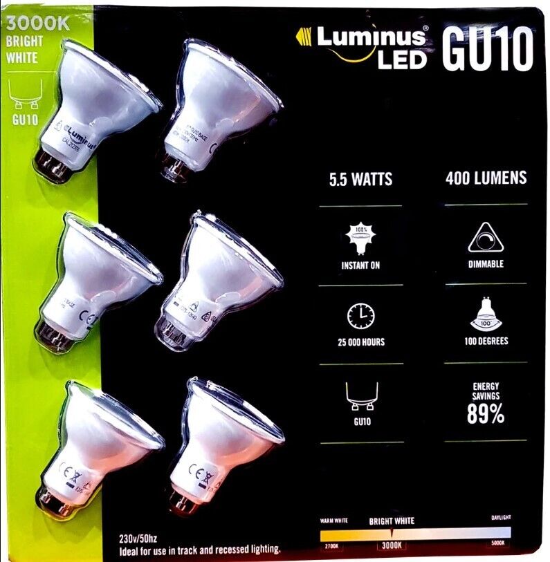 Luminus LED GU10 Dimmable 6 Pack 5.5W 400 Lumens 3000K