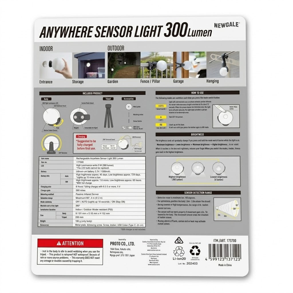 Newgale Rechargeable Anywhere LED Rechargeable Sensor Light 300 lum + Tripod New