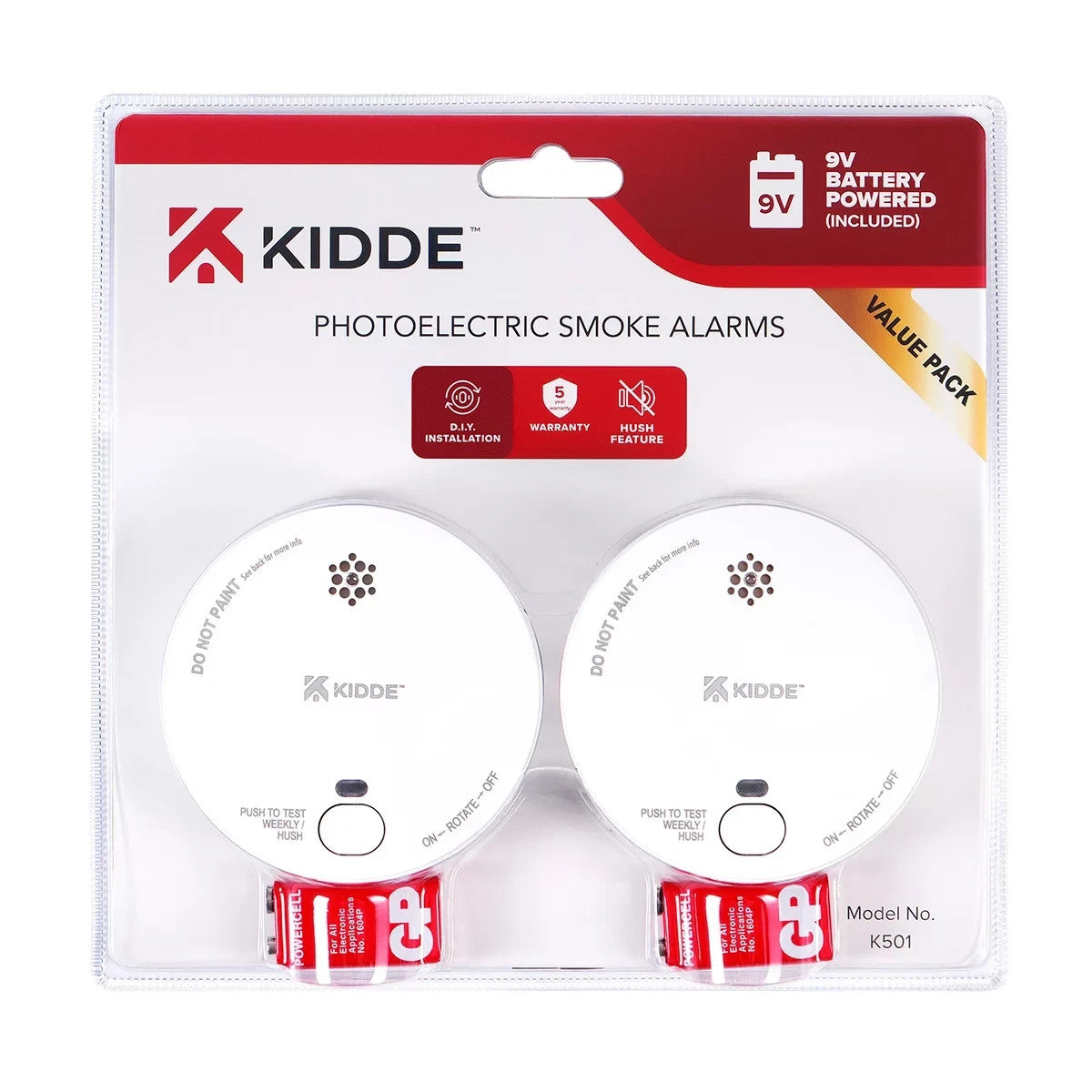 Kidde Photoelectric Smoke Alarm 2 Pack K501 9V Battery Powered