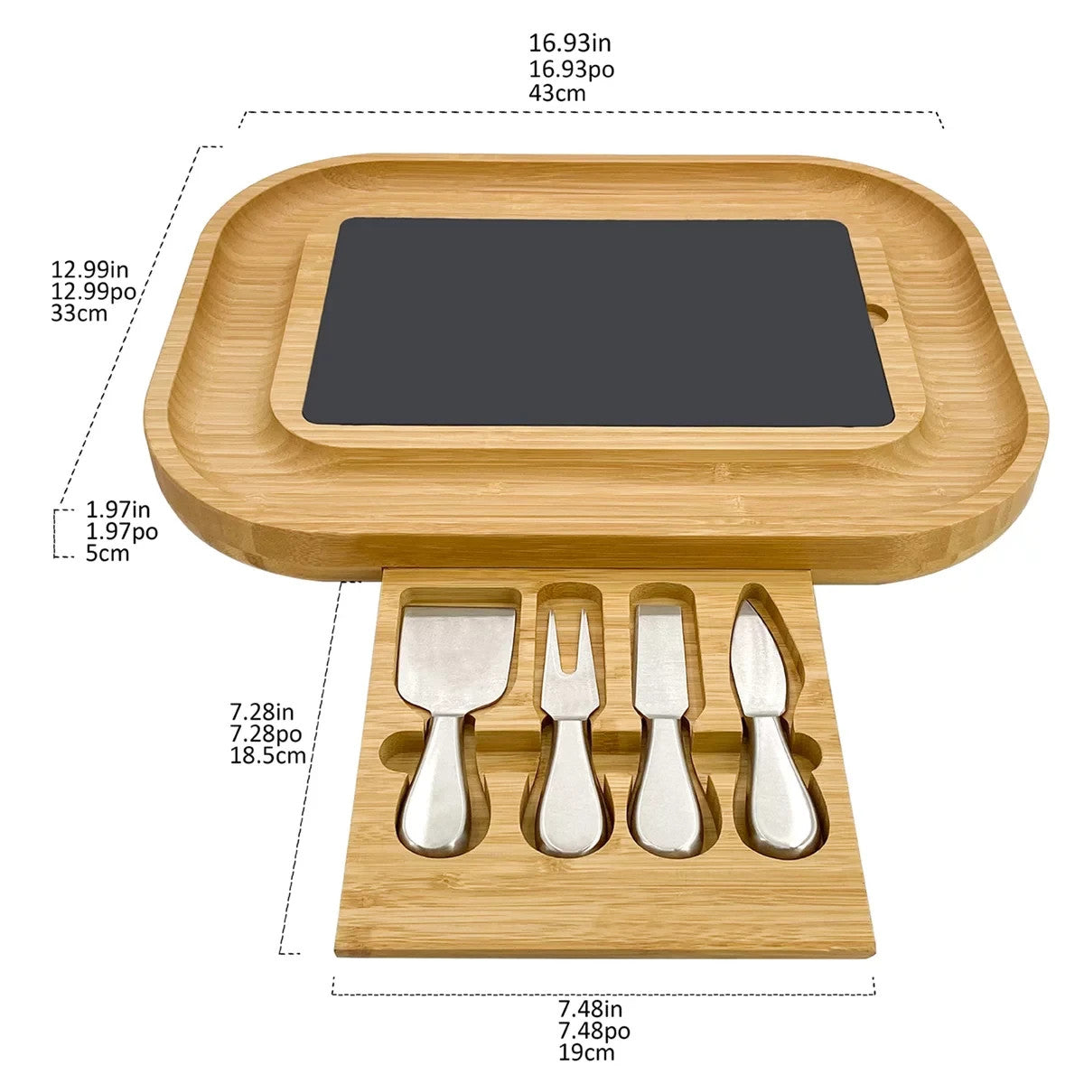 Carrara Bamboo Cheese Board 43 x 33 cm w/ 4 Stainless Steel Knife Serving Tools
