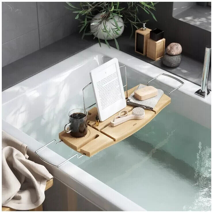 Umbra Aquala Bamboo Extendable Bath Tub Caddy Wine Glass Ipad Book Holder