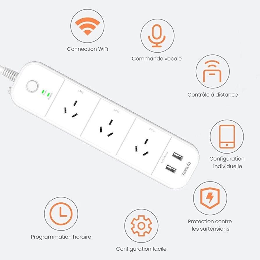 Tenda Connect 3 Outlet + 2 USB Smart Powerboard with Master Switch