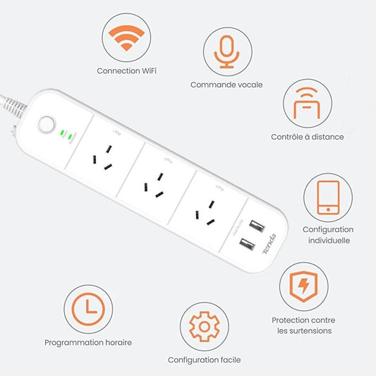 Tenda Connect 3 Outlet + 2 USB Smart Powerboard with Master Switch