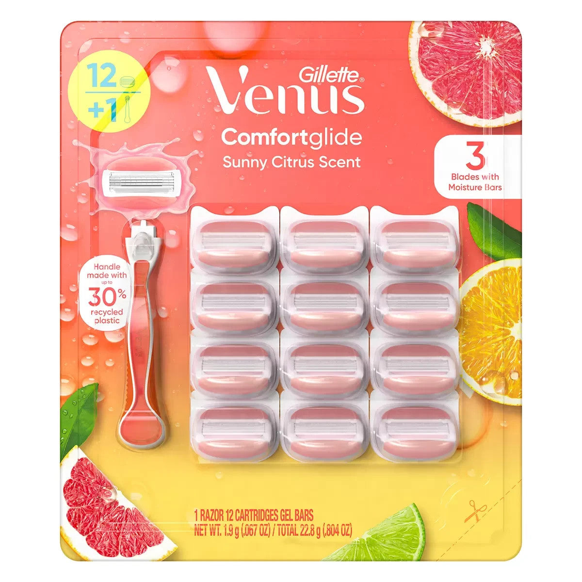 Gillette Venus Comfort Glide Sunny Citrus, 1 Razor + 12 Cartridges Gel