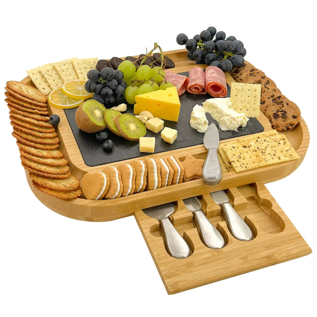 Carrara Bamboo Cheese Board 43 x 33 cm w/ 4 Stainless Steel Knife Serving Tools