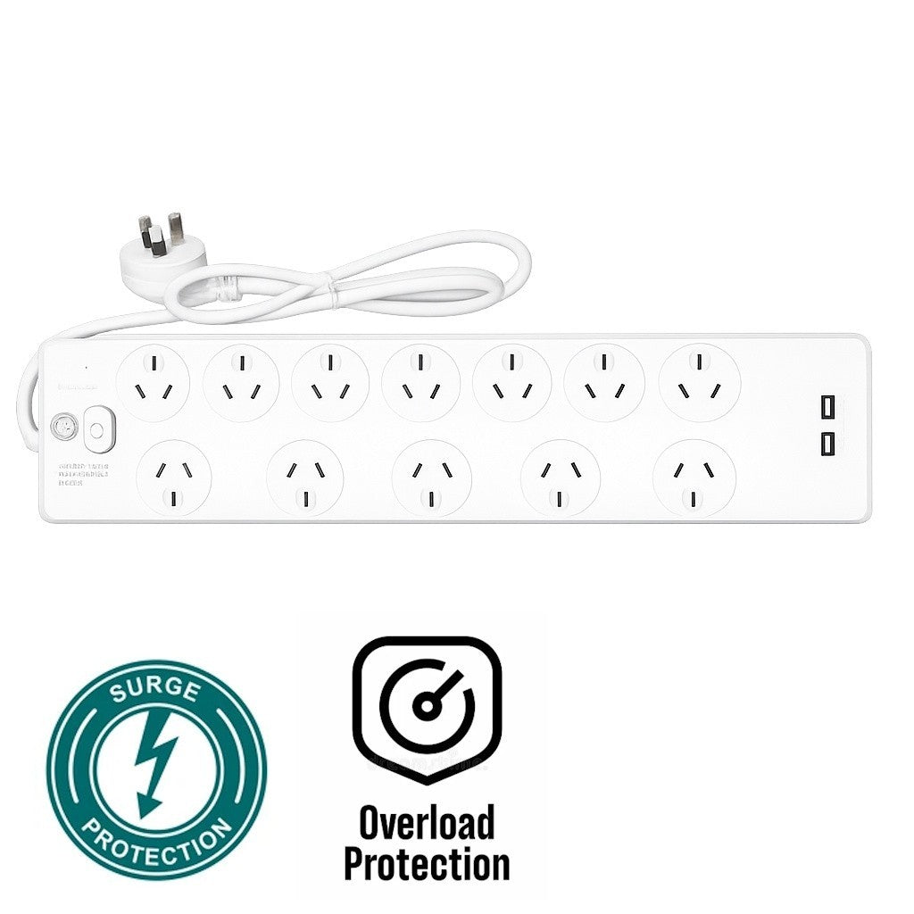 Arlec 12 Outlet Surge Protected Powerboard with 2 X USB Charger, On OFF Switch