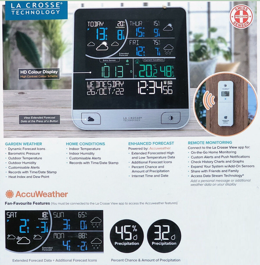 La Crosse Smart Wi-Fi Colour Weather Forecast Station Android iPhone App Monitor