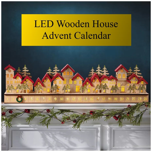 LED Wooden House Advent Calendar – Hand Finished Festive Countdown Village