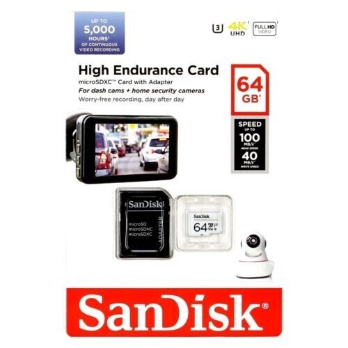 SanDisk High Endurance 64GB Micro SD Card SDXC DashCam Security 4K V30 U3 100Mbs