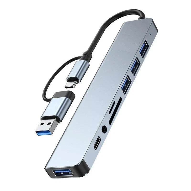 8 in 2 USB A + Type C HUB Docking Station with 3.5mm Audio Jack Adapter Micro SD