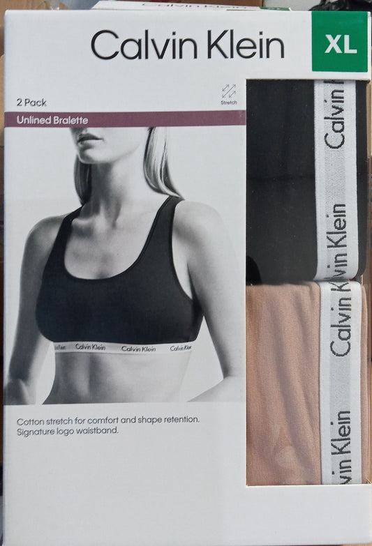 Calvin Klein Women's Cotton Stretch Unlined Bralette 2 Pack - Black/Beige (XL)