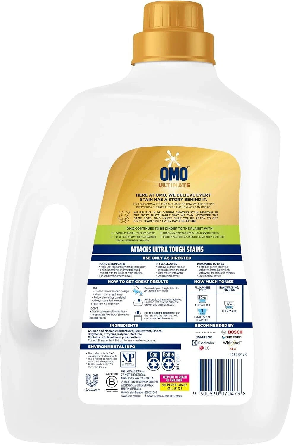 OMO Ultimate Front & Top Loader Laundry Liquid 4 L New AU, Free Shipping
