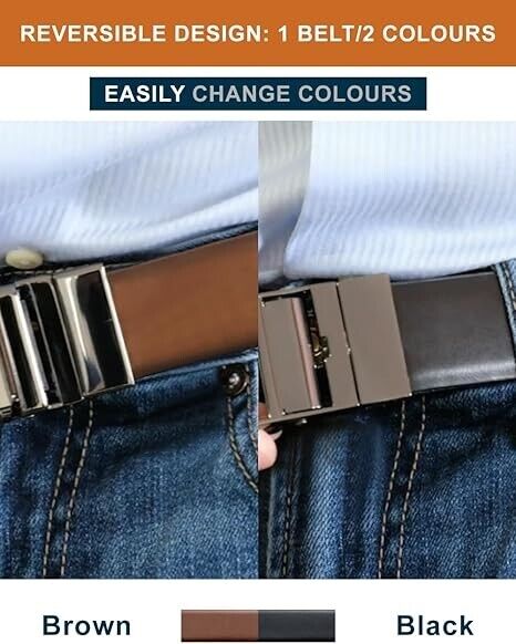 SURE FIT Mens Genuine Leather Belt AS SEEN ON TV REVERSIBLE Black Brown 28-46