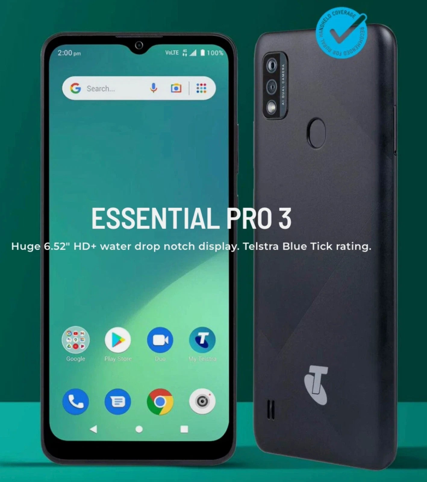 Telstra Essential Pro 3 13MP 6.52" IPS HD+ Blue Tick  4GX 32GB Face Rec