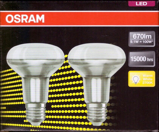 2pk Osram LED Outdoor Spot Light 9.1W (100W) R80 670 Lumen Warm white E27 Bulb