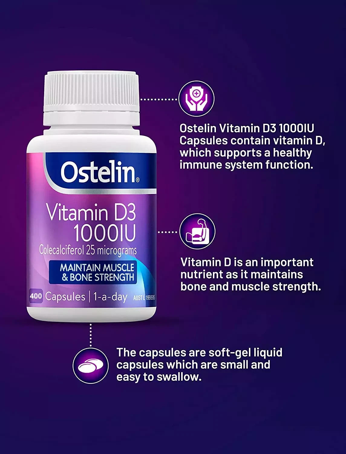 Brand Ostelin Vitamin D3 1000IU Maintain Muscle & Bone Strength 400 Capsules