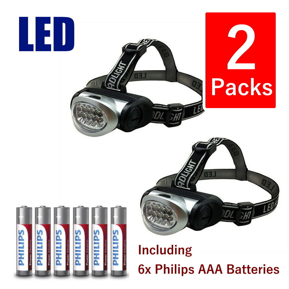 2x 10 LED HEAD LIGHT TORCH BICYCLE OUTDOOR HIKING w/ 6x Philips AAA Batteries