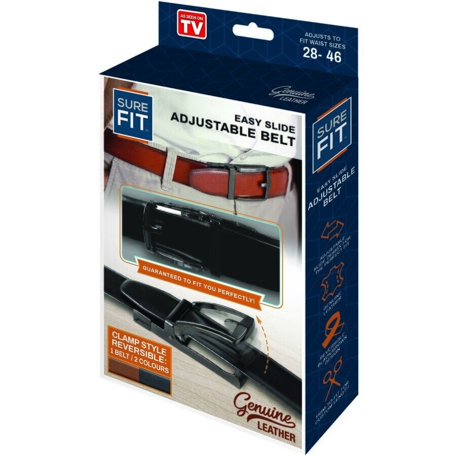 SURE FIT Mens Genuine Leather Belt AS SEEN ON TV REVERSIBLE Black Brown 28-46