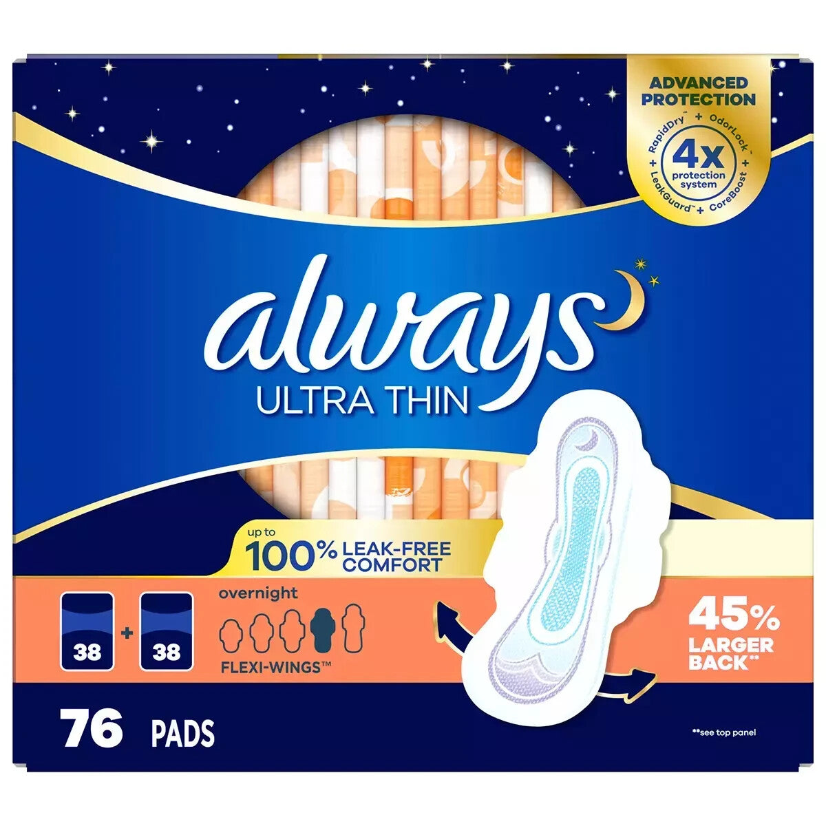 Always Ultra Thin Overnight Pads With Wings - 76 Pack