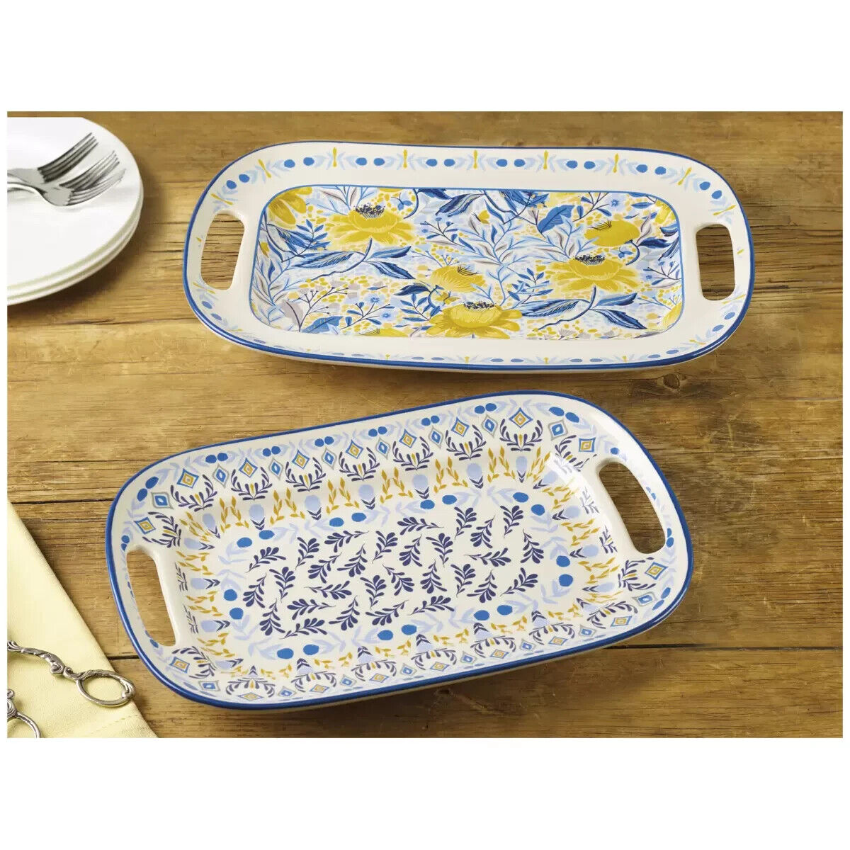 Fitz and Floyd Madeline Serving Platters Large Small Stoneware 2 Piece Set