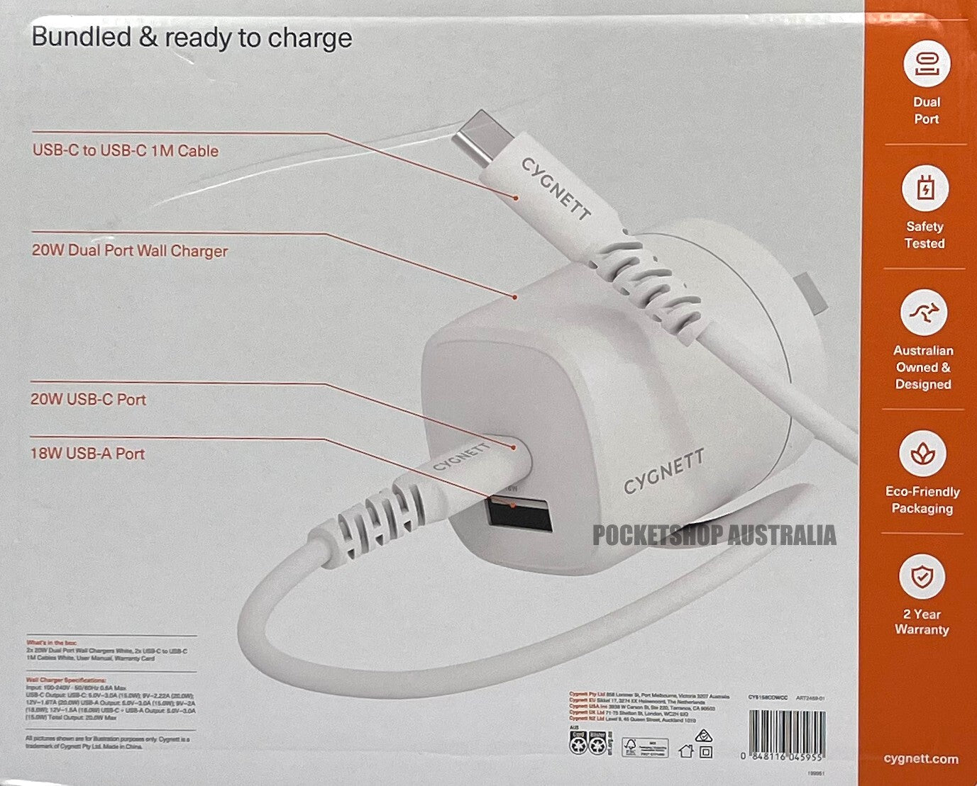 Cygnett 20W USB-C USB-A Dual Port Wall Charger Optional USB-C 1M Cable