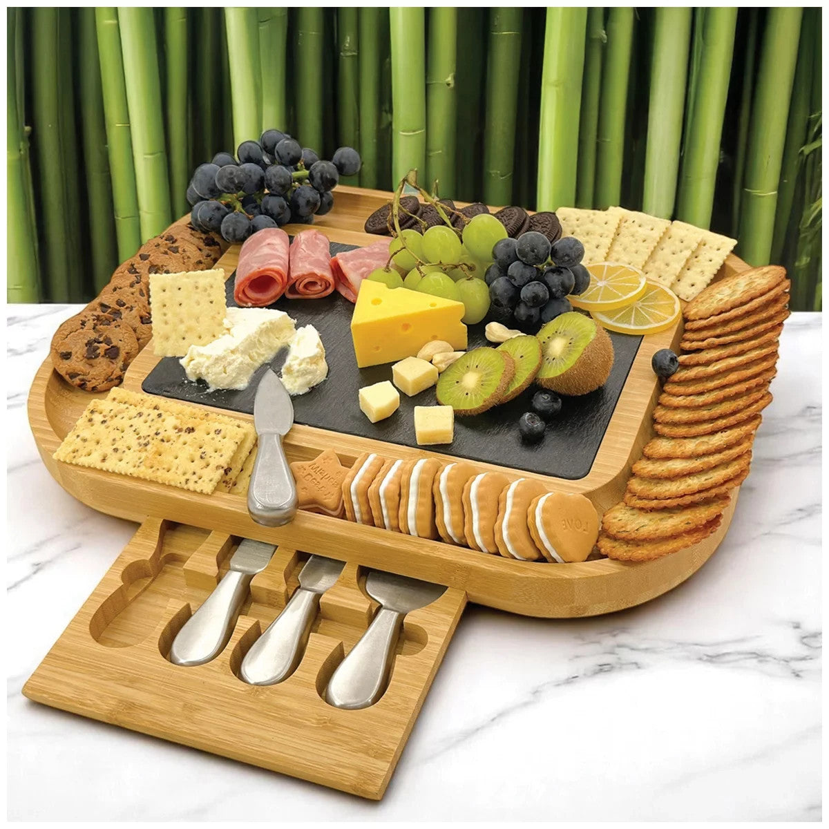 Carrara Bamboo Cheese Board 43 x 33 cm w/ 4 Stainless Steel Knife Serving Tools