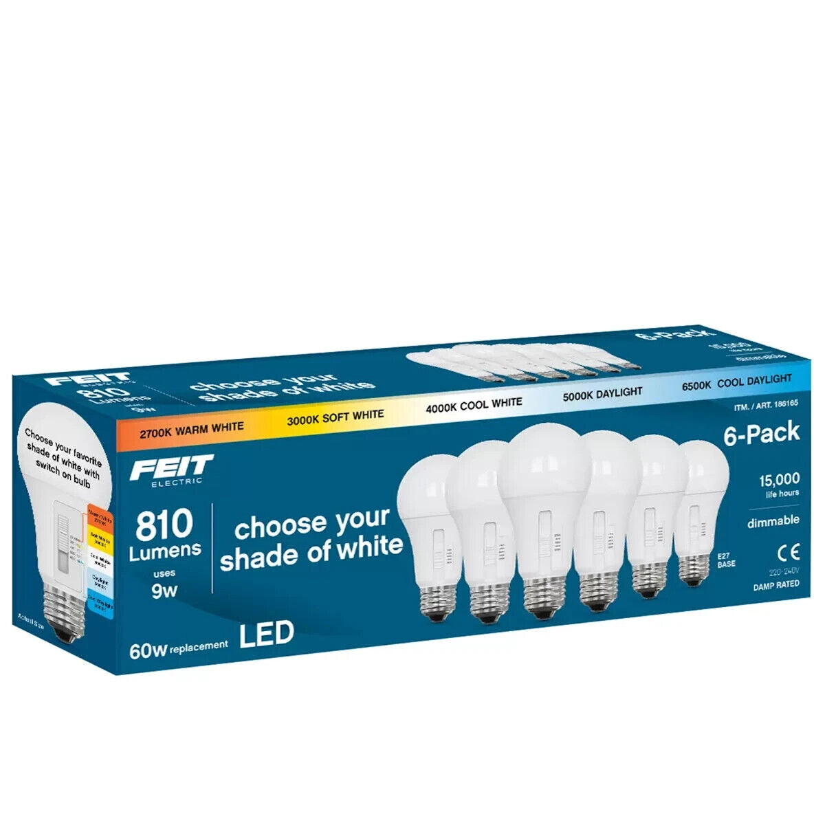 6 Pack Feit 9W 810 Lumens Warm Cool 5-Colour Dimmable LED Light Bulbs E27 B22