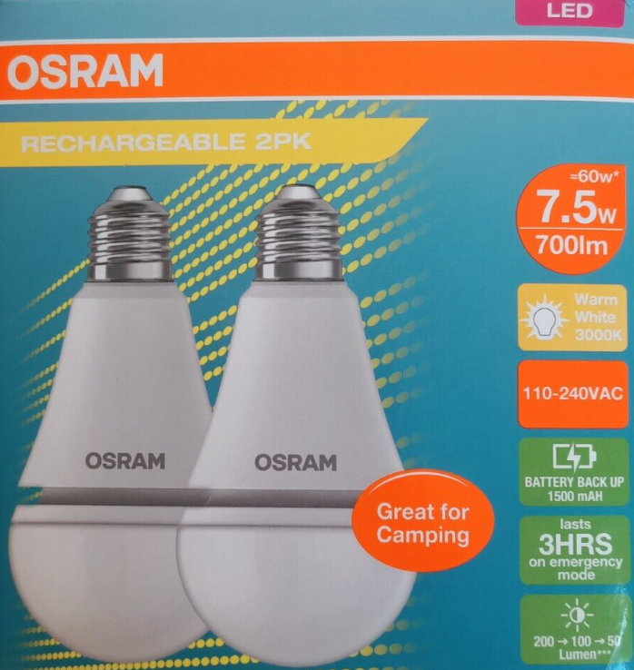 Osram 7.5W E27 Rechargeable Globe 700 lumens Warm White Home Camping - 2 Pack