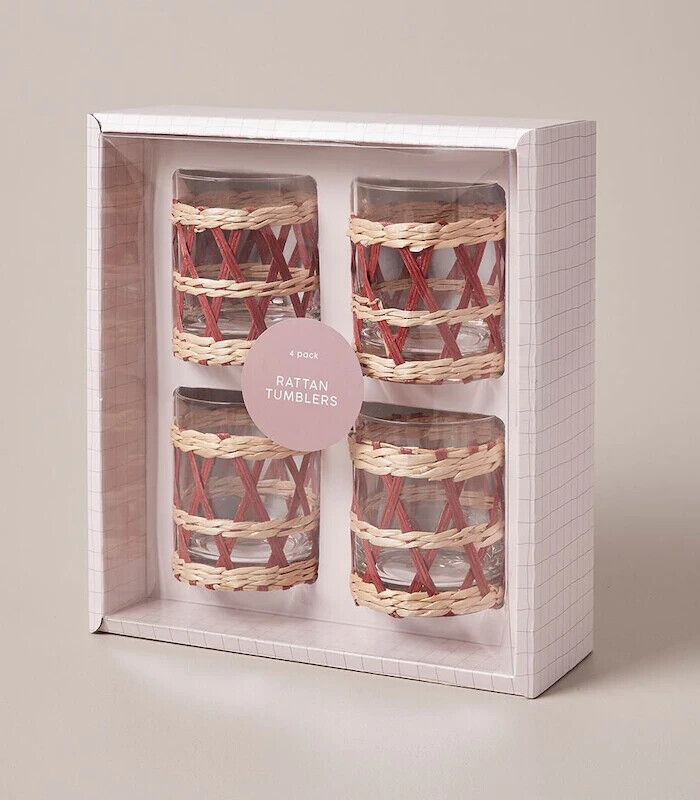 4 Pack Rattan Glass Tumblers Water Cup Drink Cups Drinking Tumbler Glasses Party