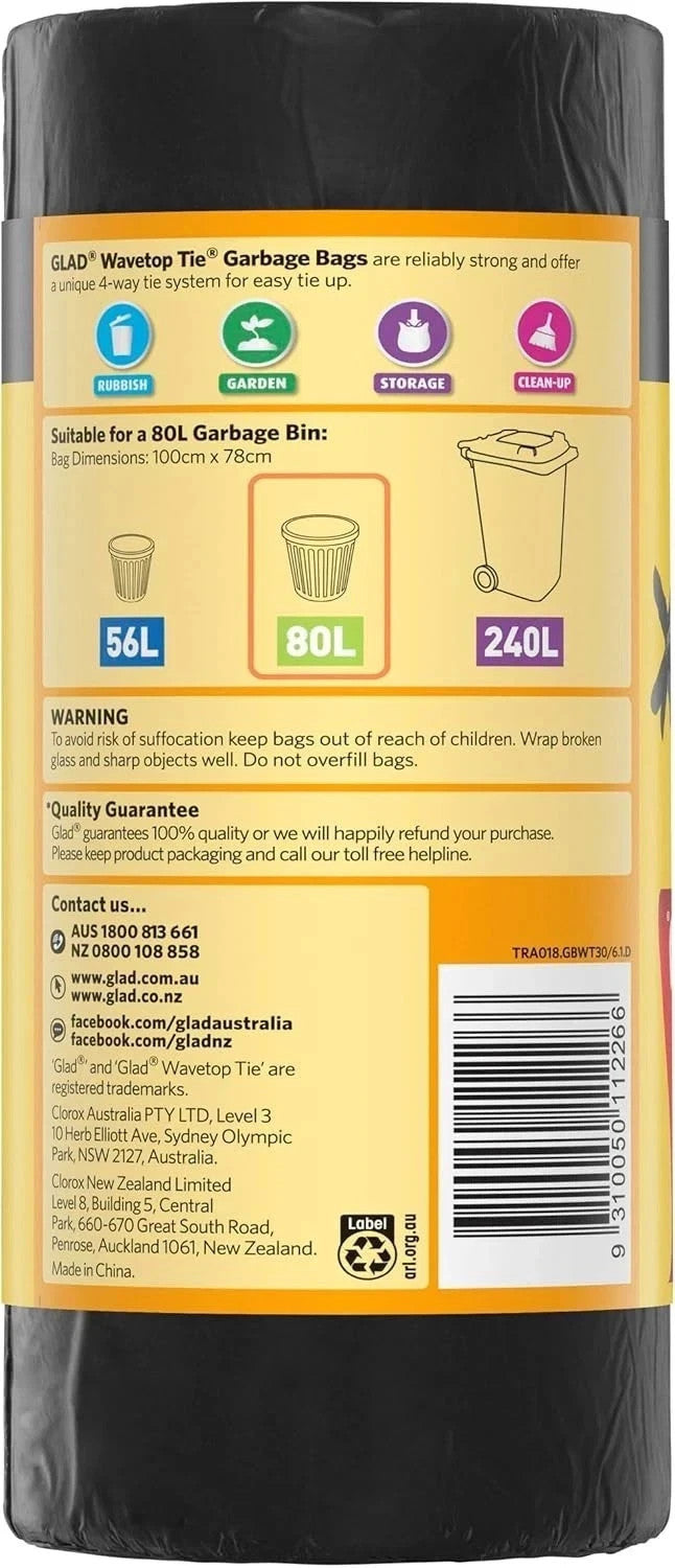 30x Glad XL 80L Extra Large Wavetop Tie Garbage Bags Leak Proof Base 78 x 100cm