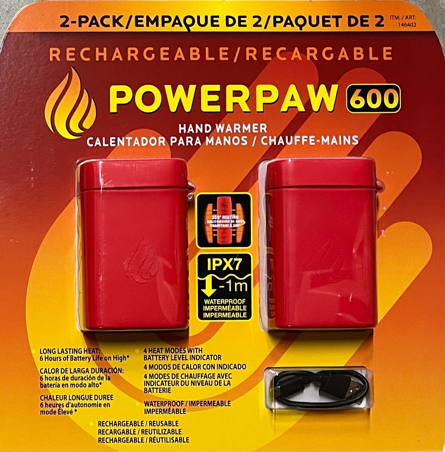2-PACK POWERPAW 600 IPX7 Premium Waterproof Rechargeable Hand Warmer - Red IPX7