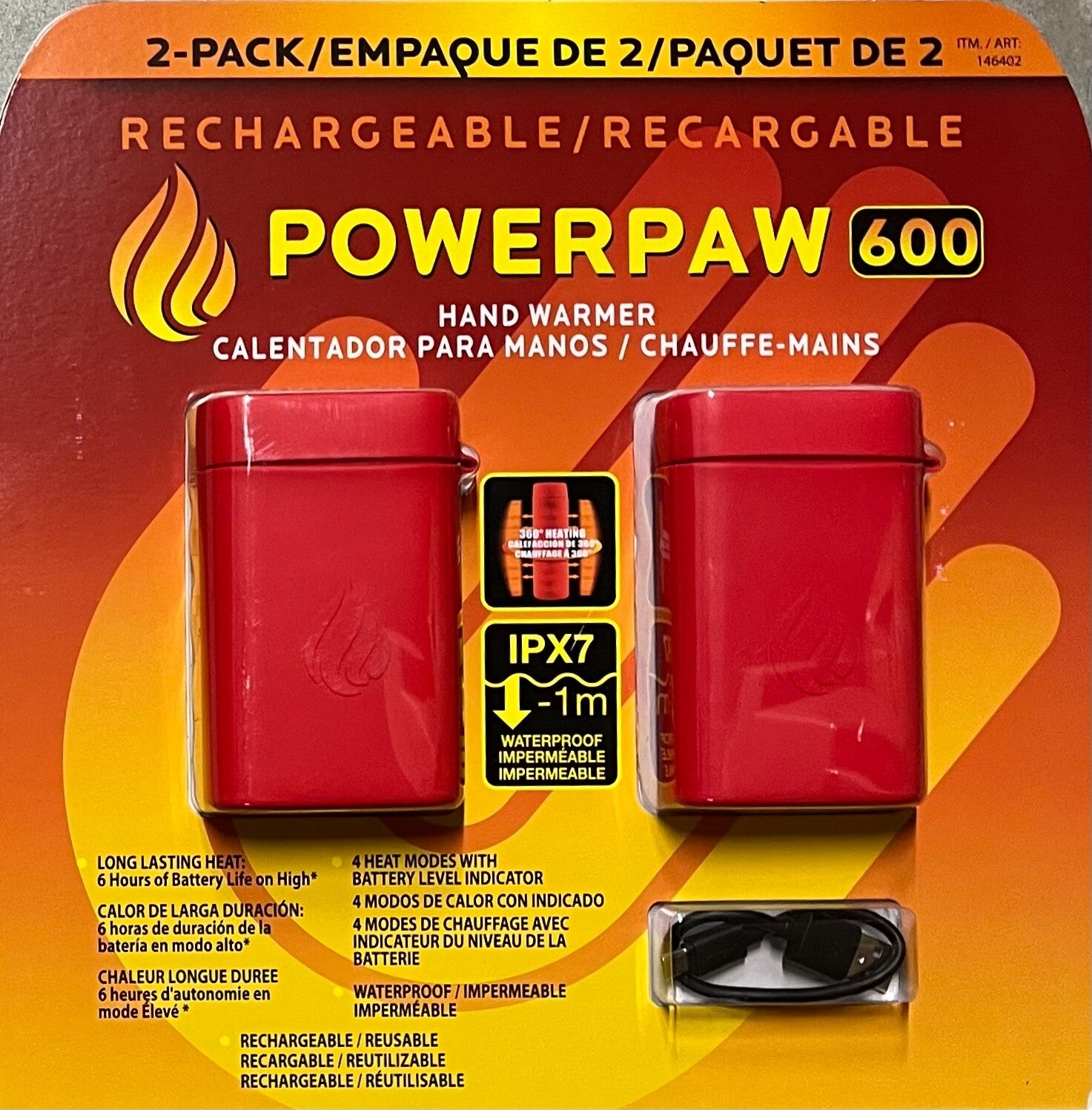 2-PACK POWERPAW 600 IPX7 Premium Waterproof Rechargeable Hand Warmer - Red IPX7