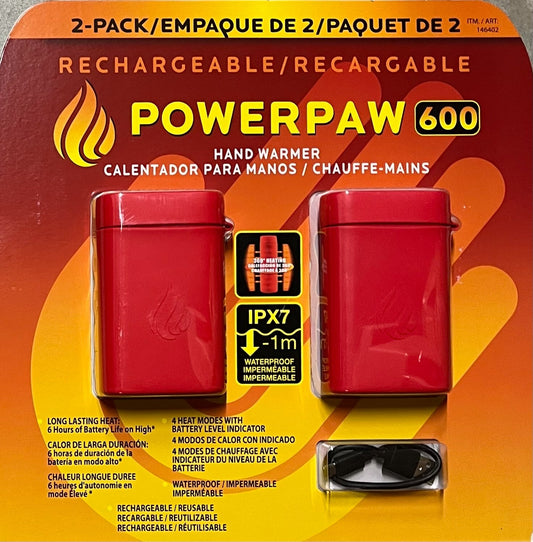 2-PACK POWERPAW 600 IPX7 Premium Waterproof Rechargeable Hand Warmer - Red IPX7