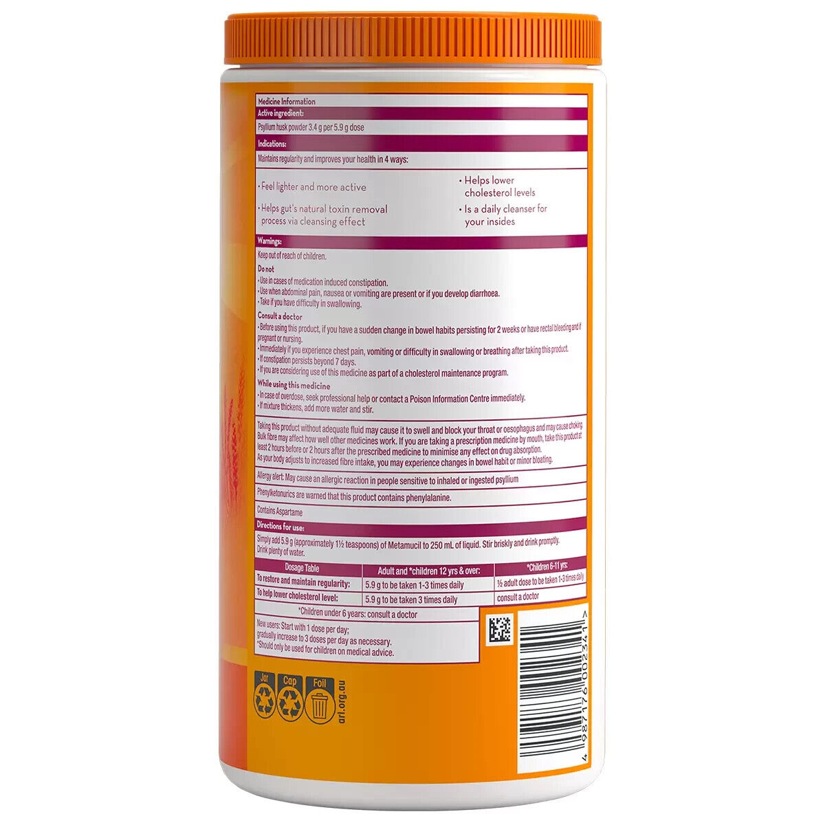 Metamucil Daily Fibre Supplement Natural Psyllium Orange Smooth 228 Doses 1.35kg