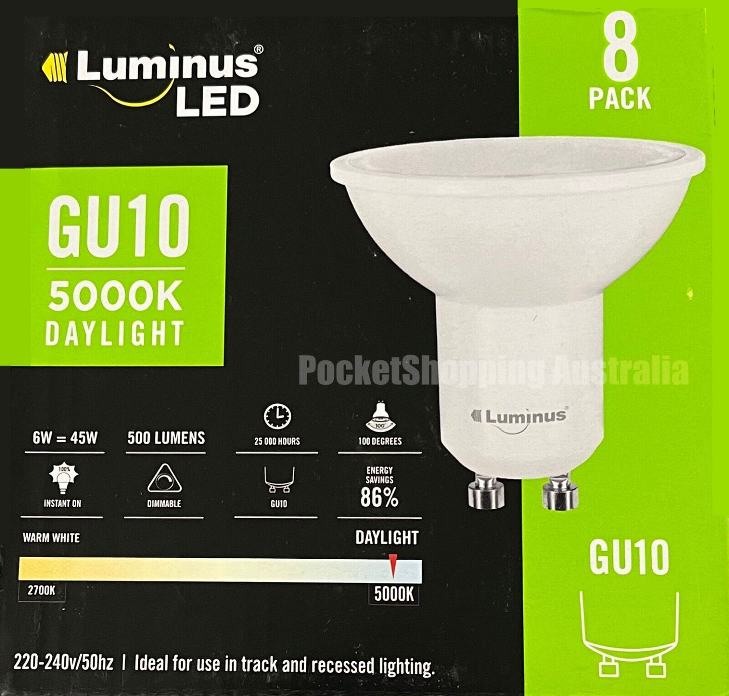 8 x Luminus LED GU10 6w Recessed Downlight 500 Lumens Dimmable 5000k Daylight