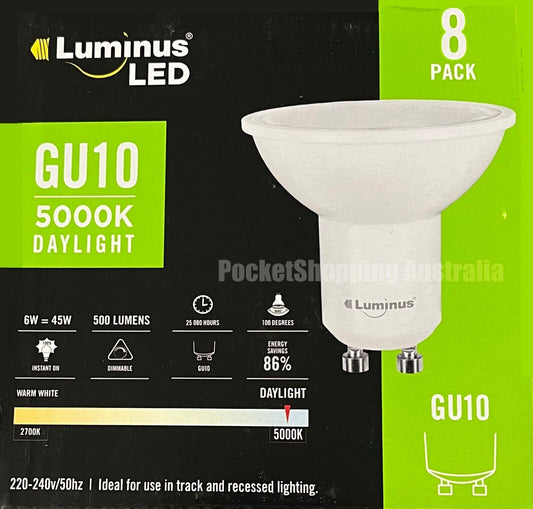 8 x Luminus LED GU10 6w Recessed Downlight 500 Lumens Dimmable 5000k Daylight