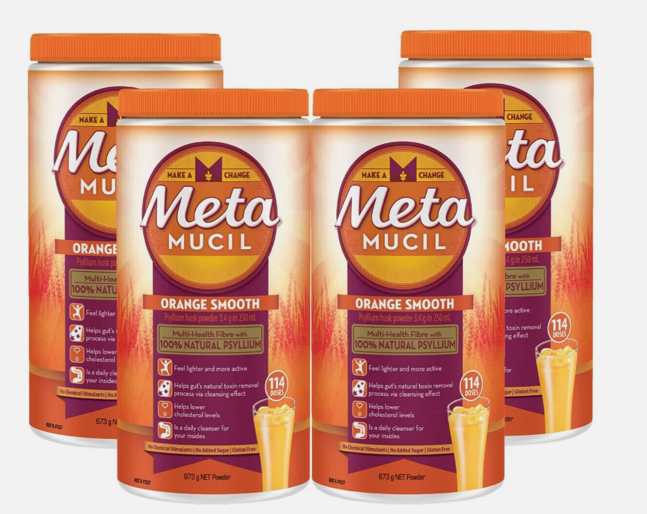 4 x 673g Metamucil Sugar Free Fiber Supplement Orange Smooth