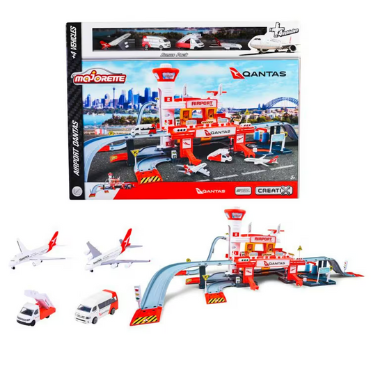 Majorette Qantas Airport Play Set Boeing 787 Airbus A380 Toyota Hiace crew bus