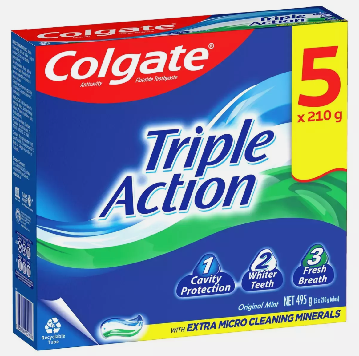 5 x 210g Colgate Triple Action Toothpaste