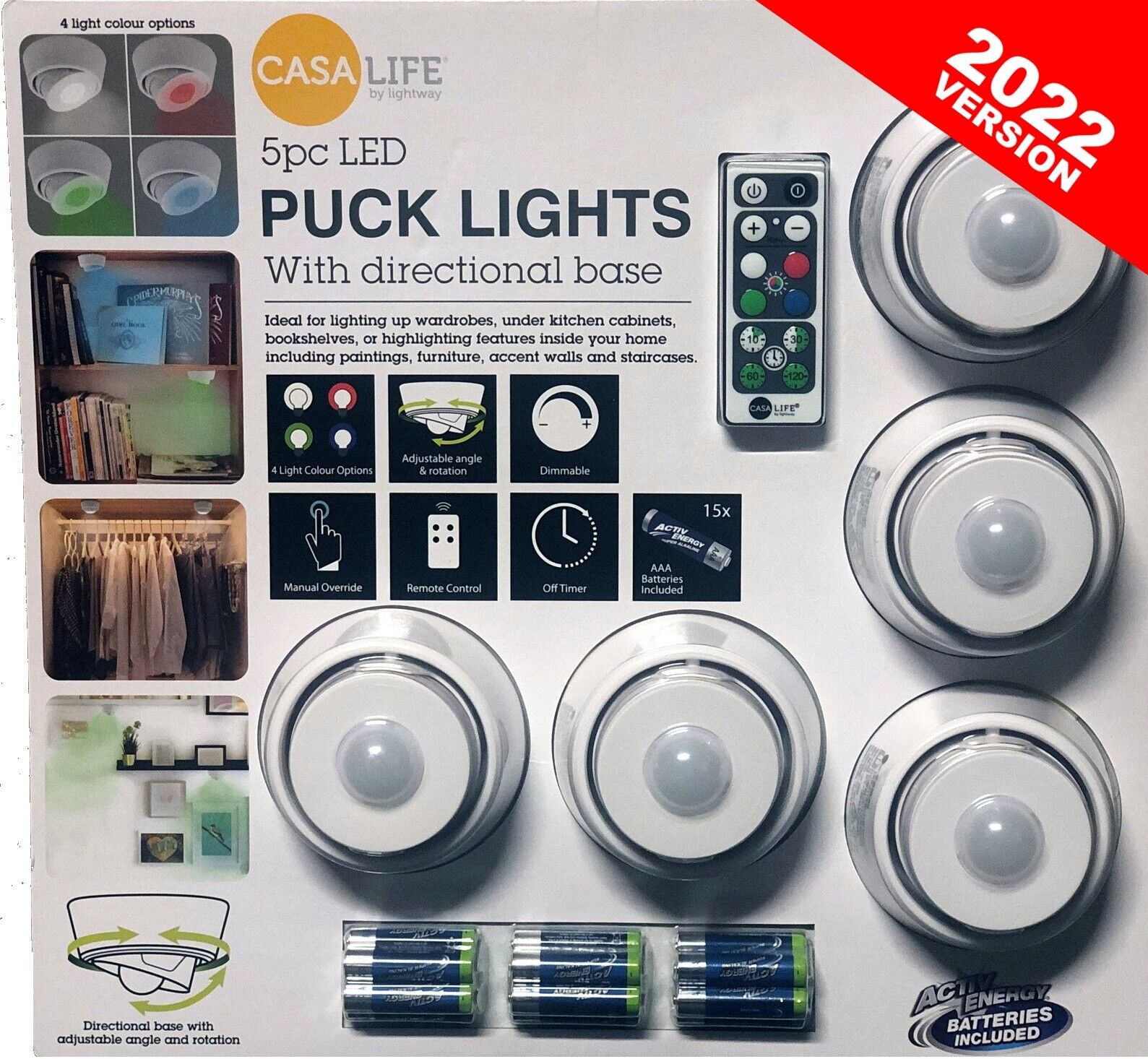 CASA LIFE 5 x LED Puck Lights Wireless Directional Base RGB/Cool White Sensor